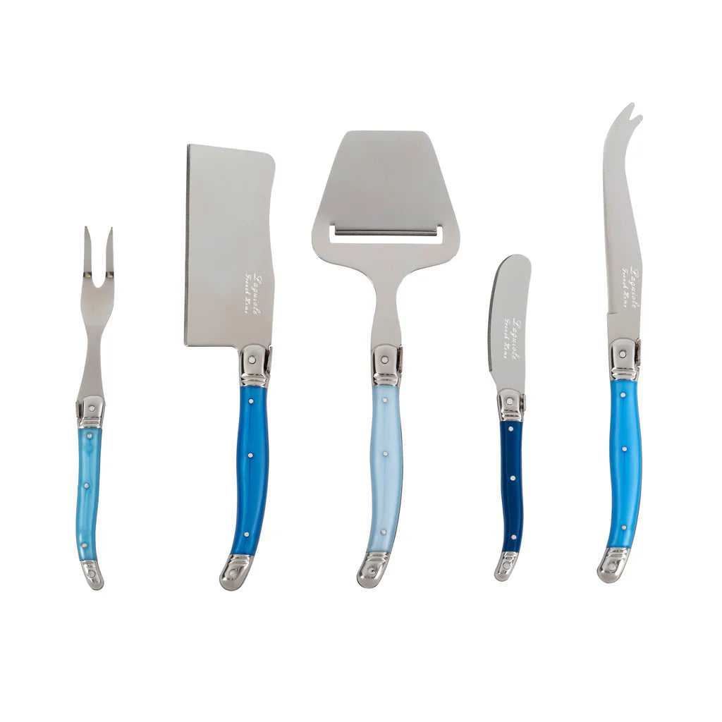 5 Piece Cheese Knife, Fork and Slicer Set, "Shades of Blue"