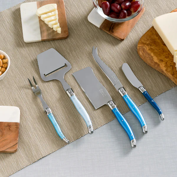 5 Piece Cheese Knife, Fork and Slicer Set, "Shades of Blue"