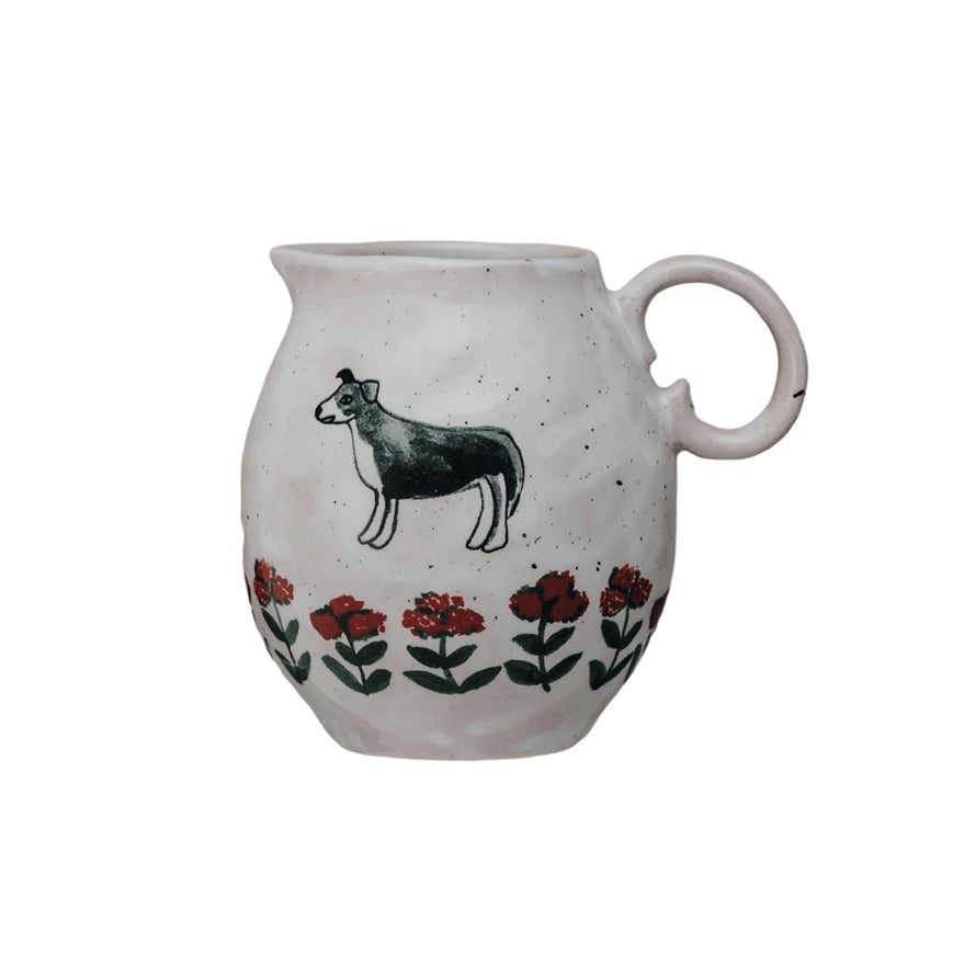 Hand-Painted Stoneware Creamer w/ Dog & Flowers