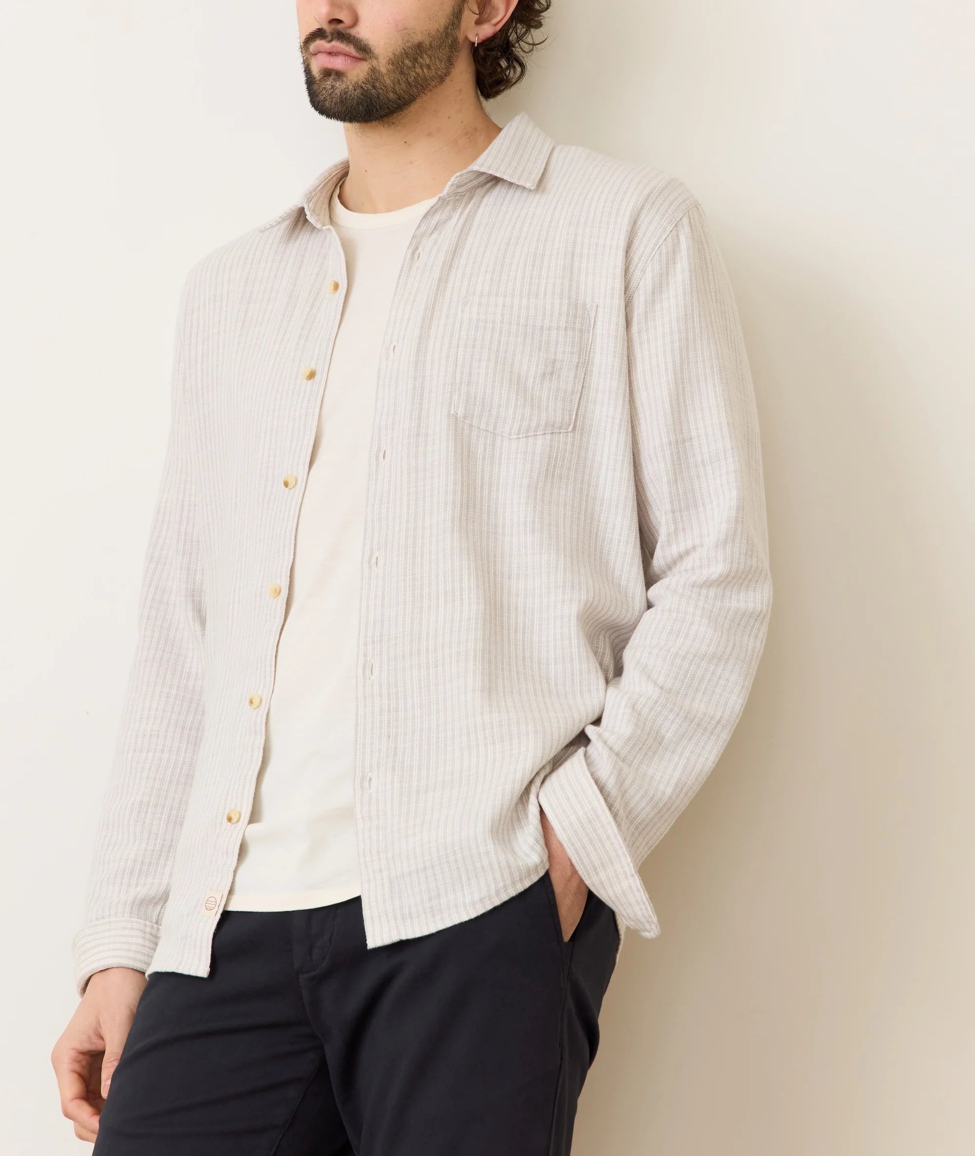 Marine Layer Stretch Selvage Long Sleeve Shirt - Grey Vertical Stripe