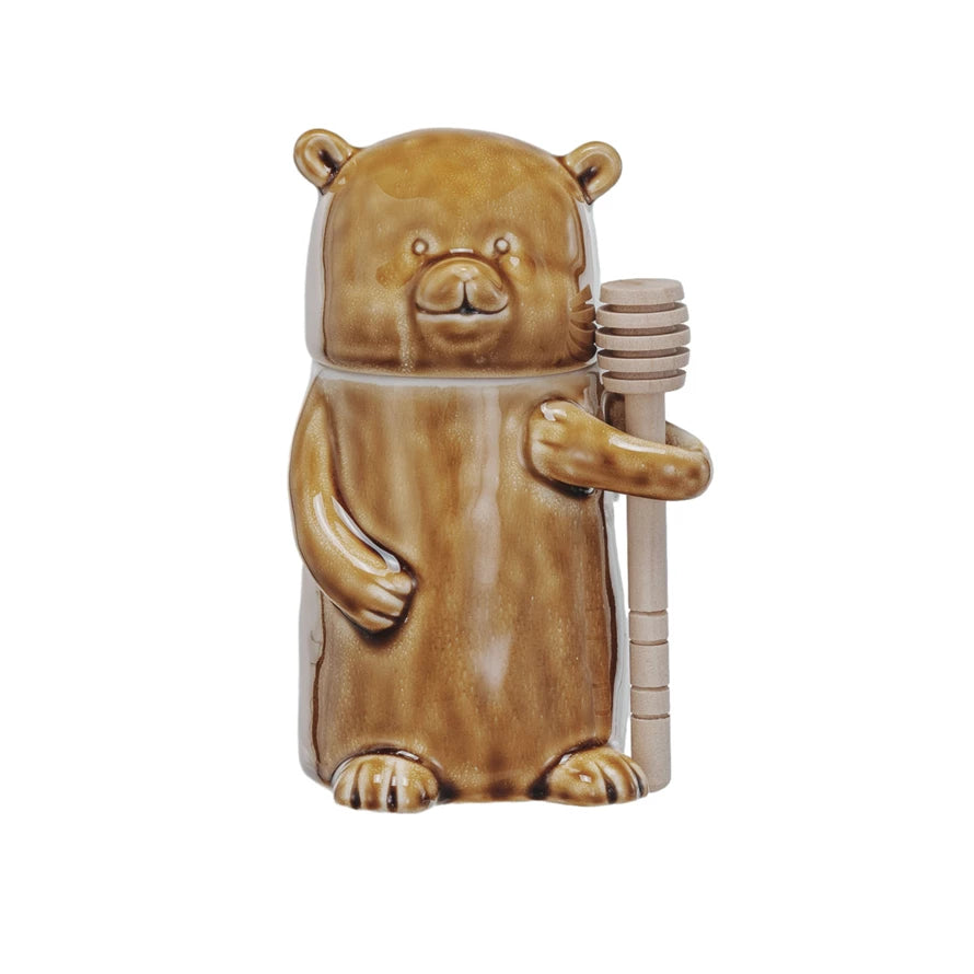 Stoneware Honey Jar with Wood Honey Dipper