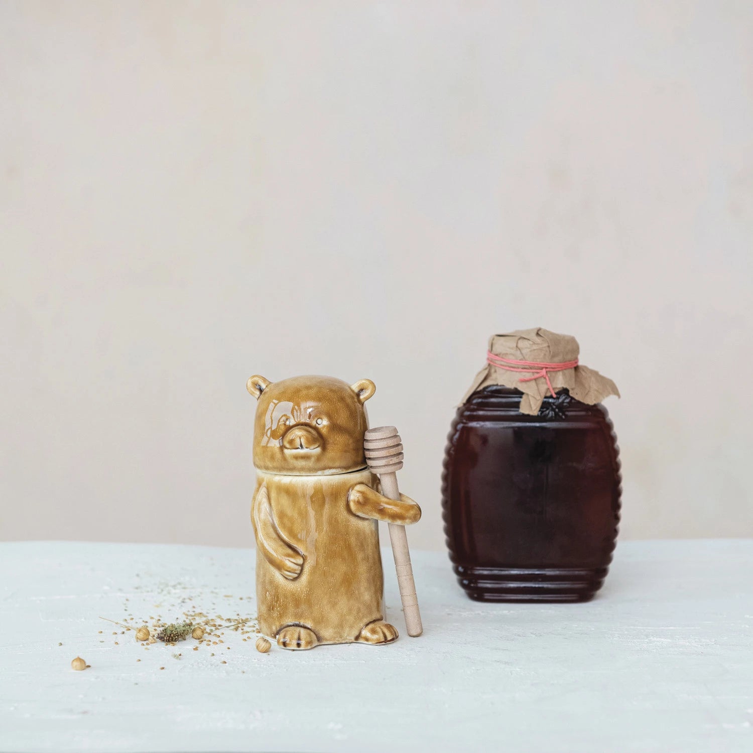 Stoneware Honey Jar with Wood Honey Dipper