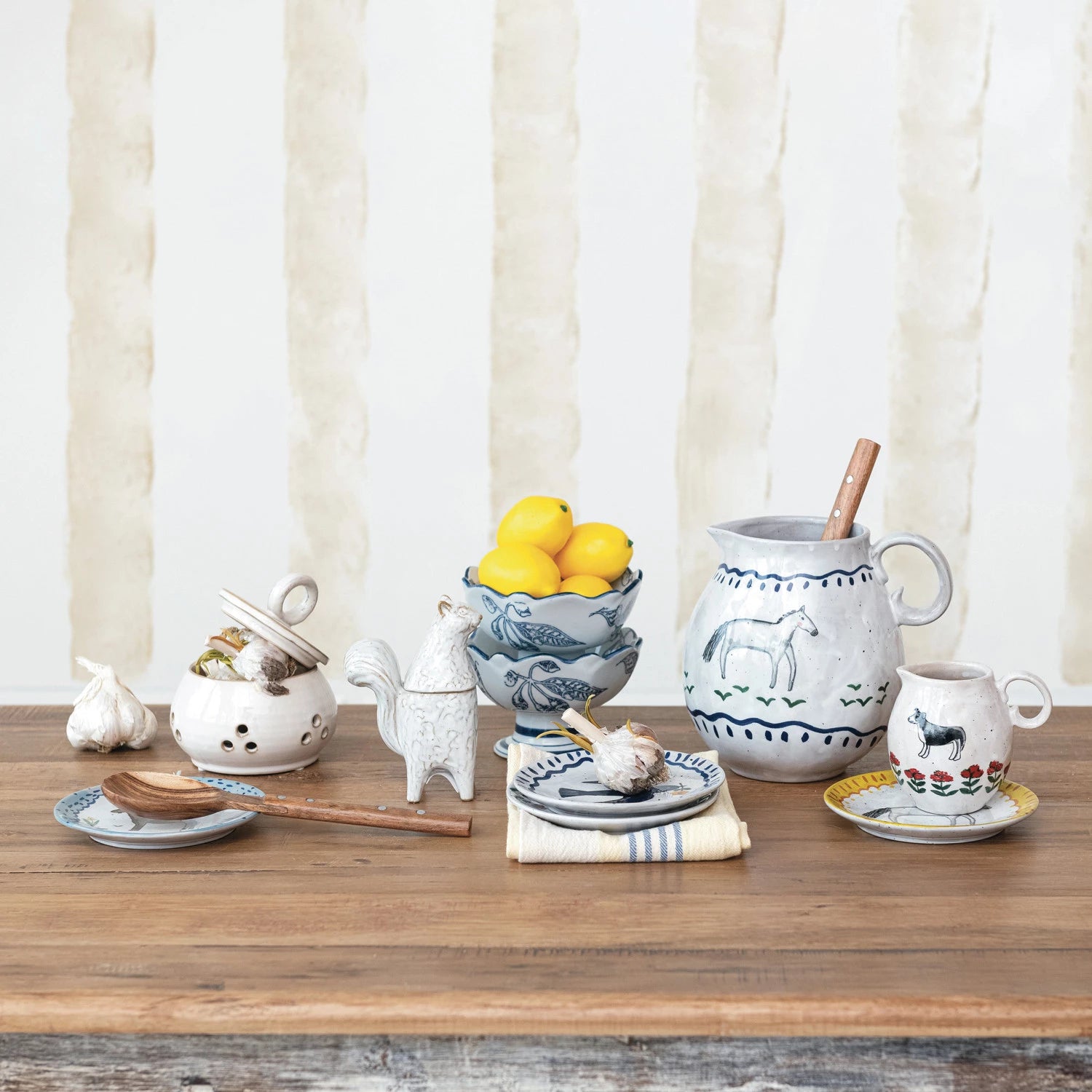 Hand-Painted Stoneware Creamer w/ Dog & Flowers