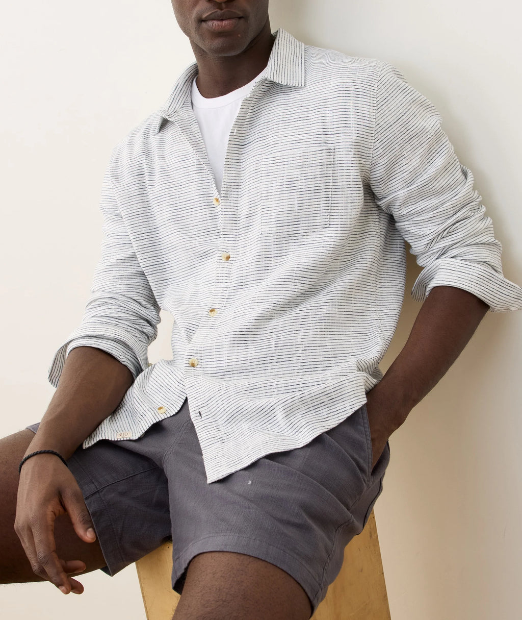 Marine Layer Stretch Selvage Long Sleeve Shirt - Natural/Black Stripe