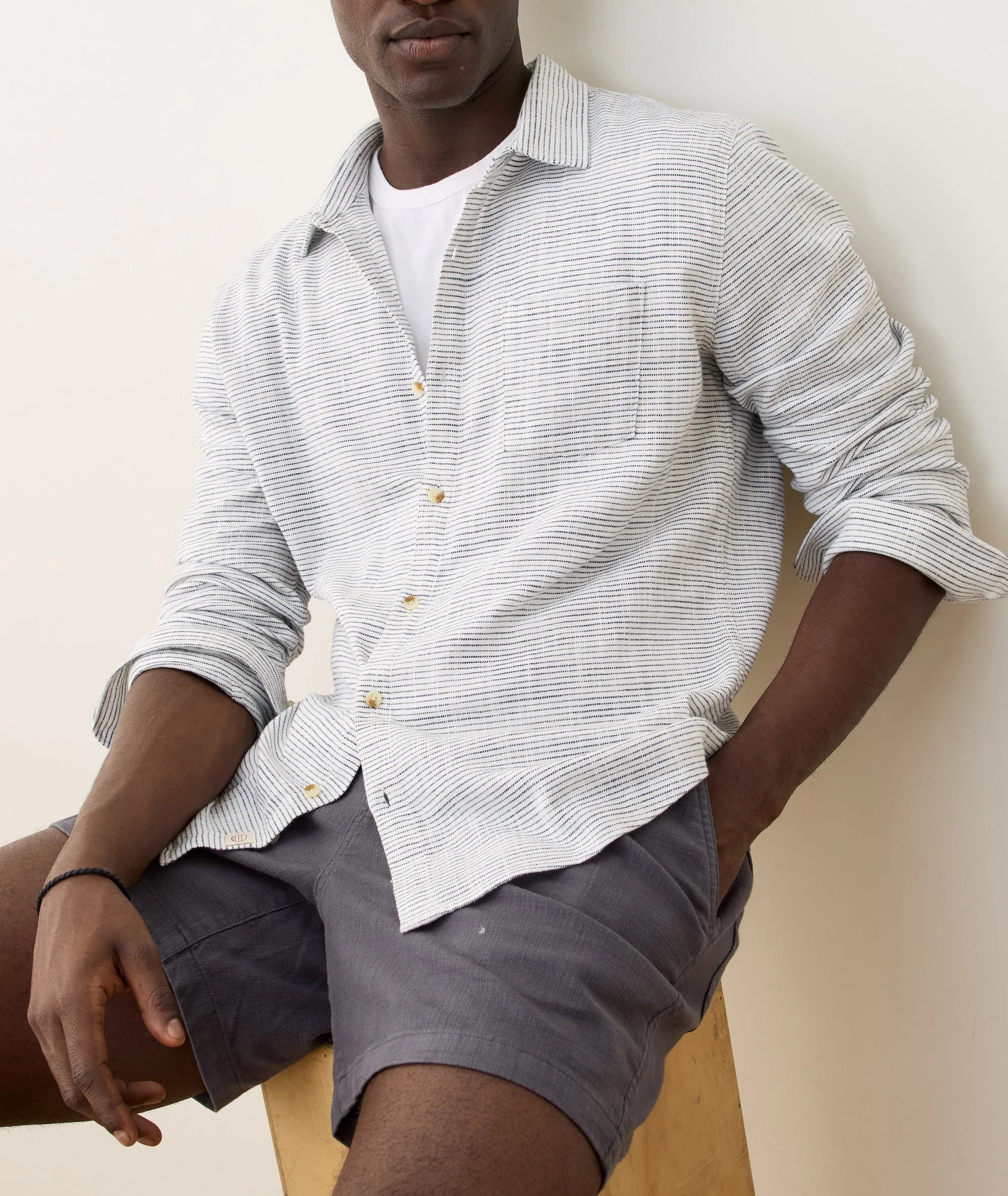 Marine Layer Stretch Selvage Long Sleeve Shirt - Natural/Black Stripe