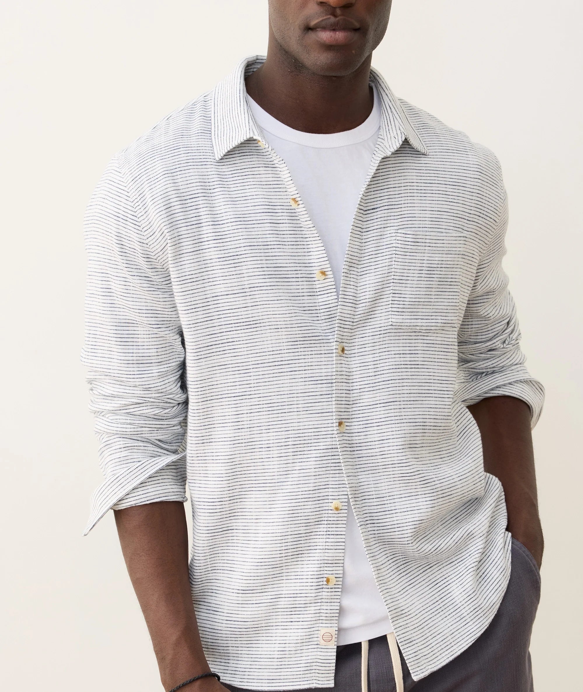 Marine Layer Stretch Selvage Long Sleeve Shirt - Natural/Black Stripe